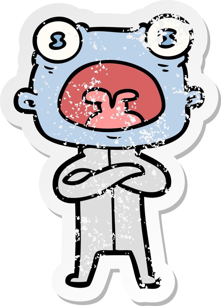 distressed sticker of a cartoon weird alien communicating vector