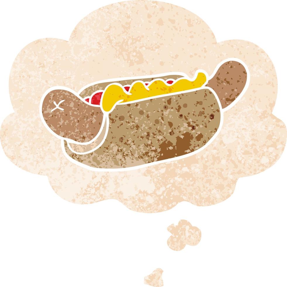 cartoon hot dog and thought bubble in retro textured style vector