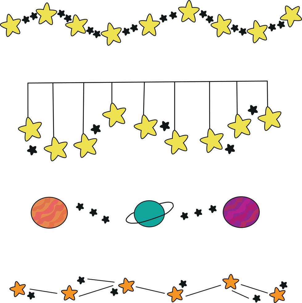 Collection of doodles dividers with stars and planets. Space dividers vector