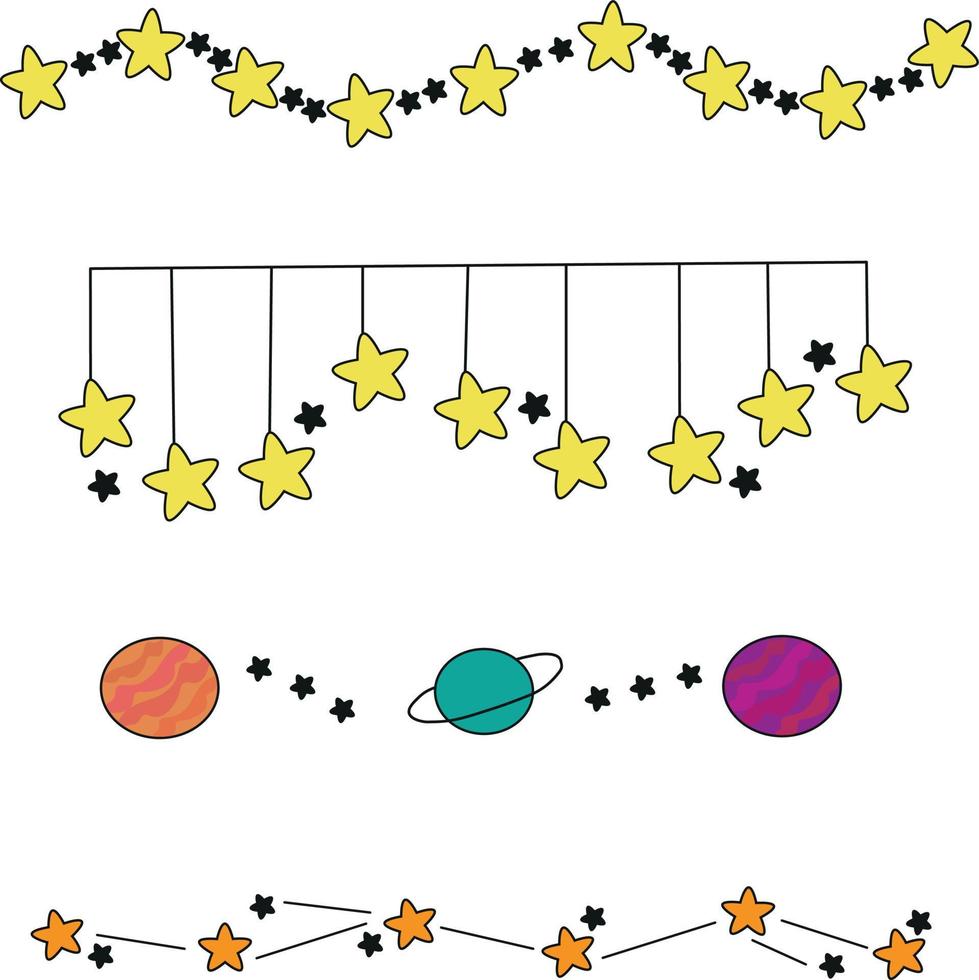 Collection of doodles dividers with stars and planets. Space dividers vector