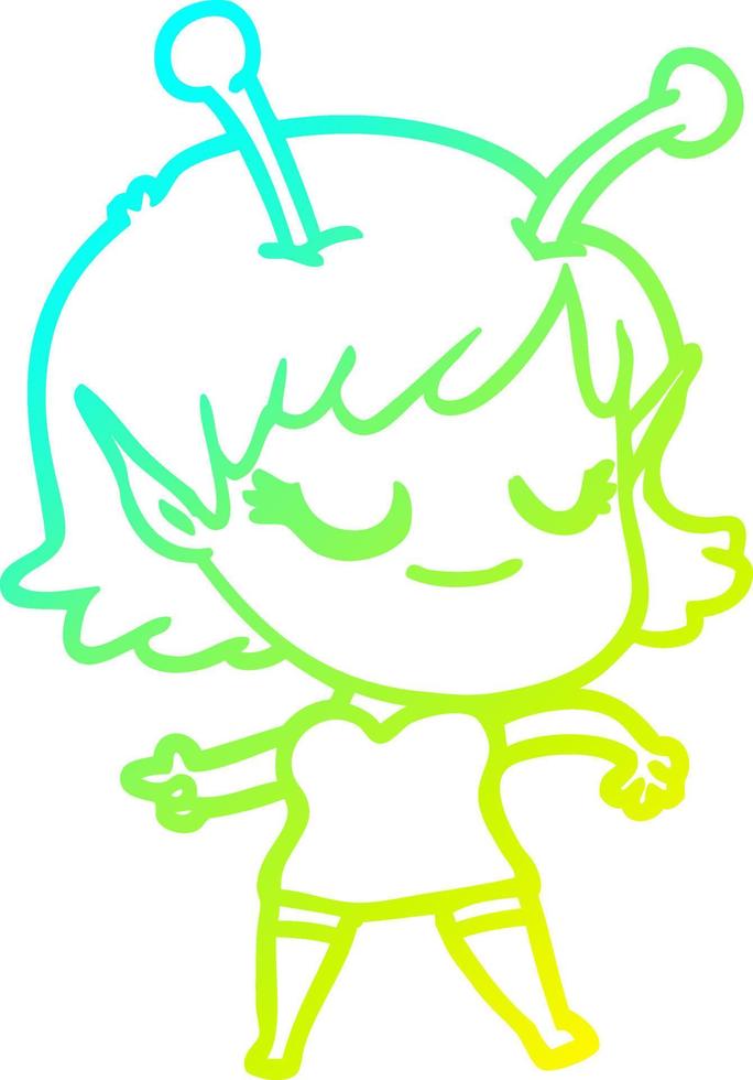 cold gradient line drawing smiling alien girl cartoon vector