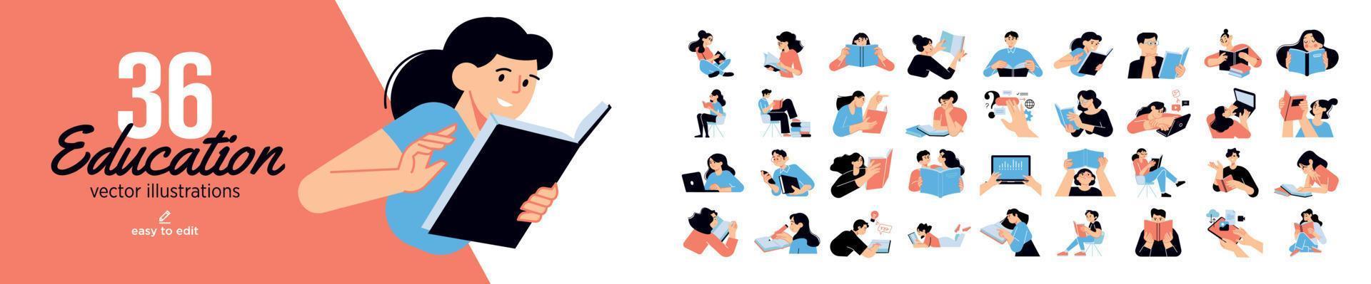 Set of education people illustrations. Flat design vector concepts of education, learning, back to school, reading book, online course and training.