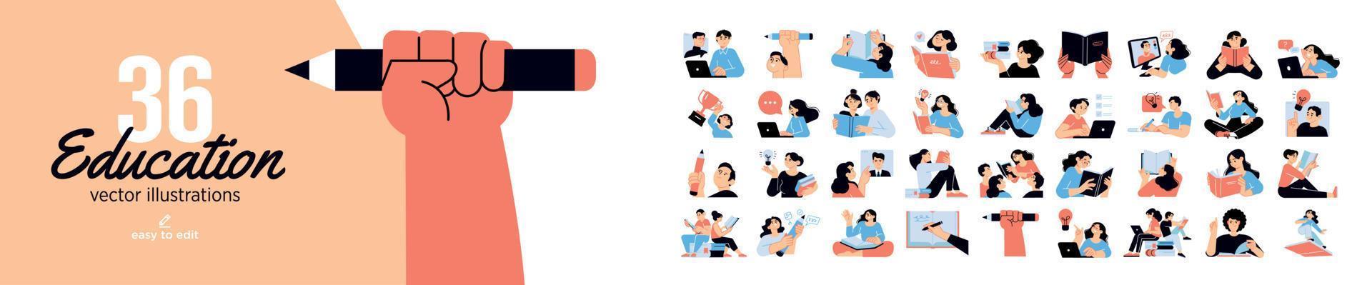 Set of education people illustrations. Flat design vector concepts of education, learning, back to school, reading book, online course and training.