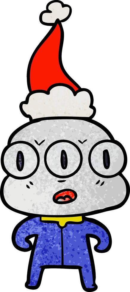 textured cartoon of a three eyed alien wearing santa hat vector