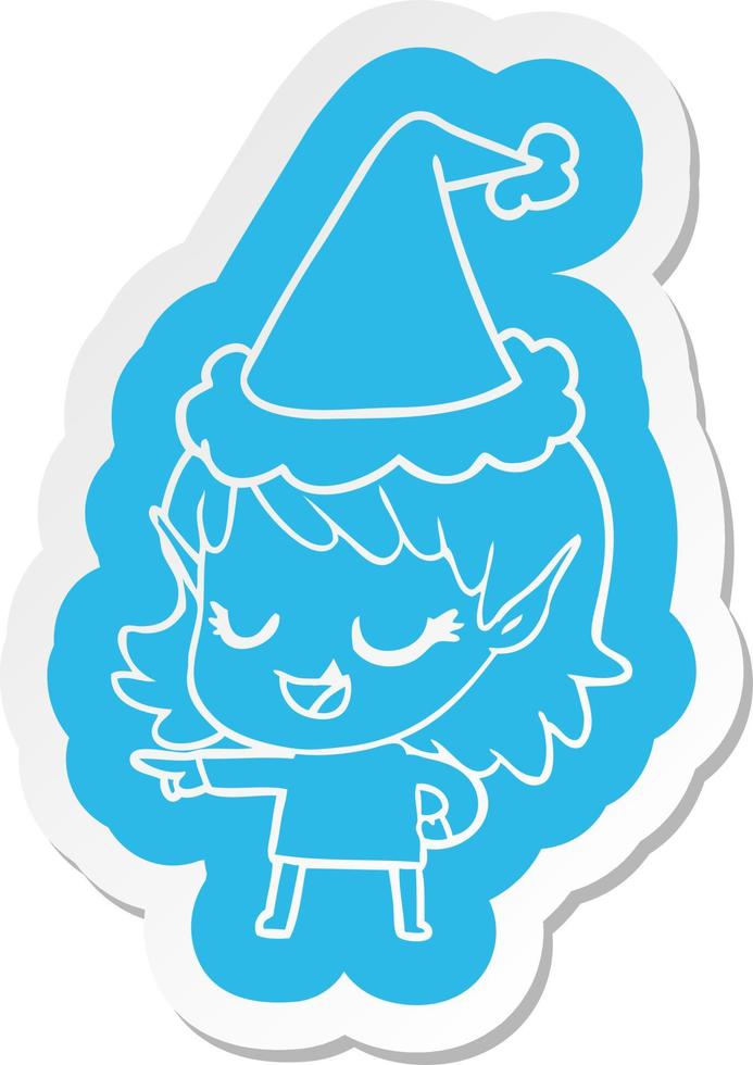 happy cartoon  sticker of a elf girl pointing wearing santa hat vector