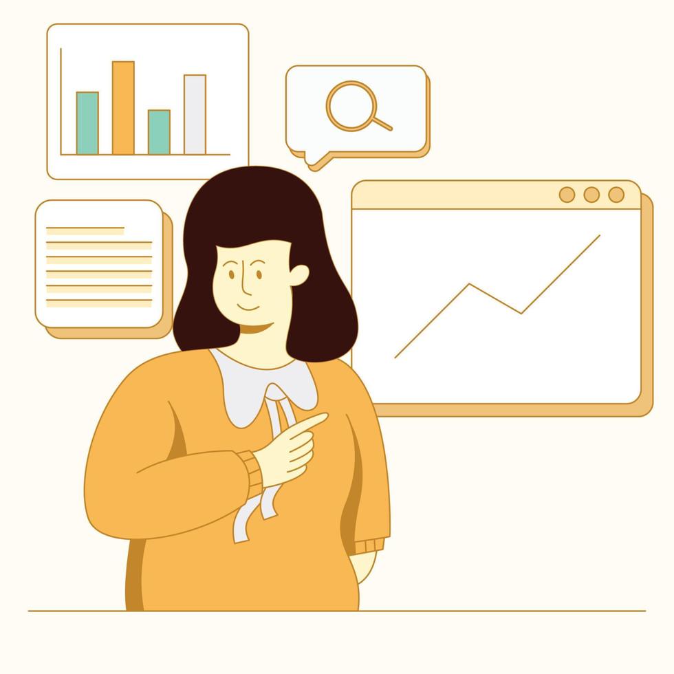 Business woman showing sales presentation results in flat design vector