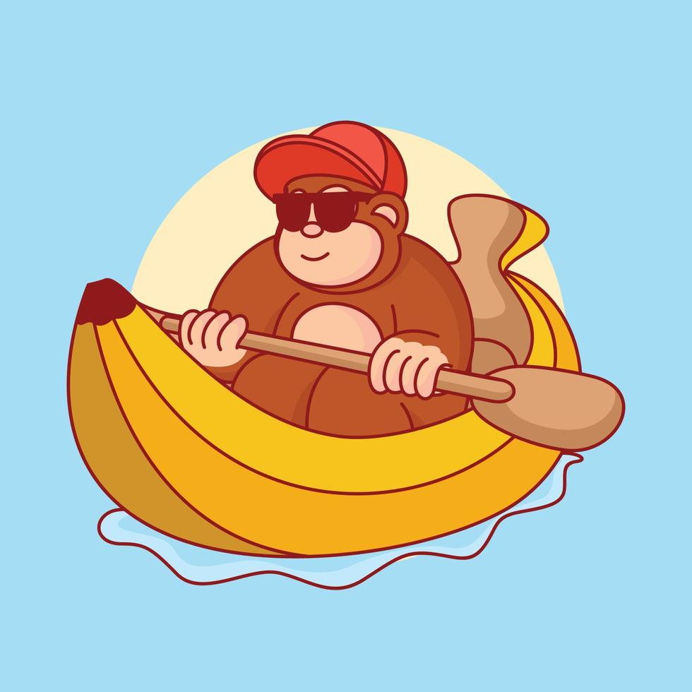 Monkey banana boat cartoon vector icon illustration