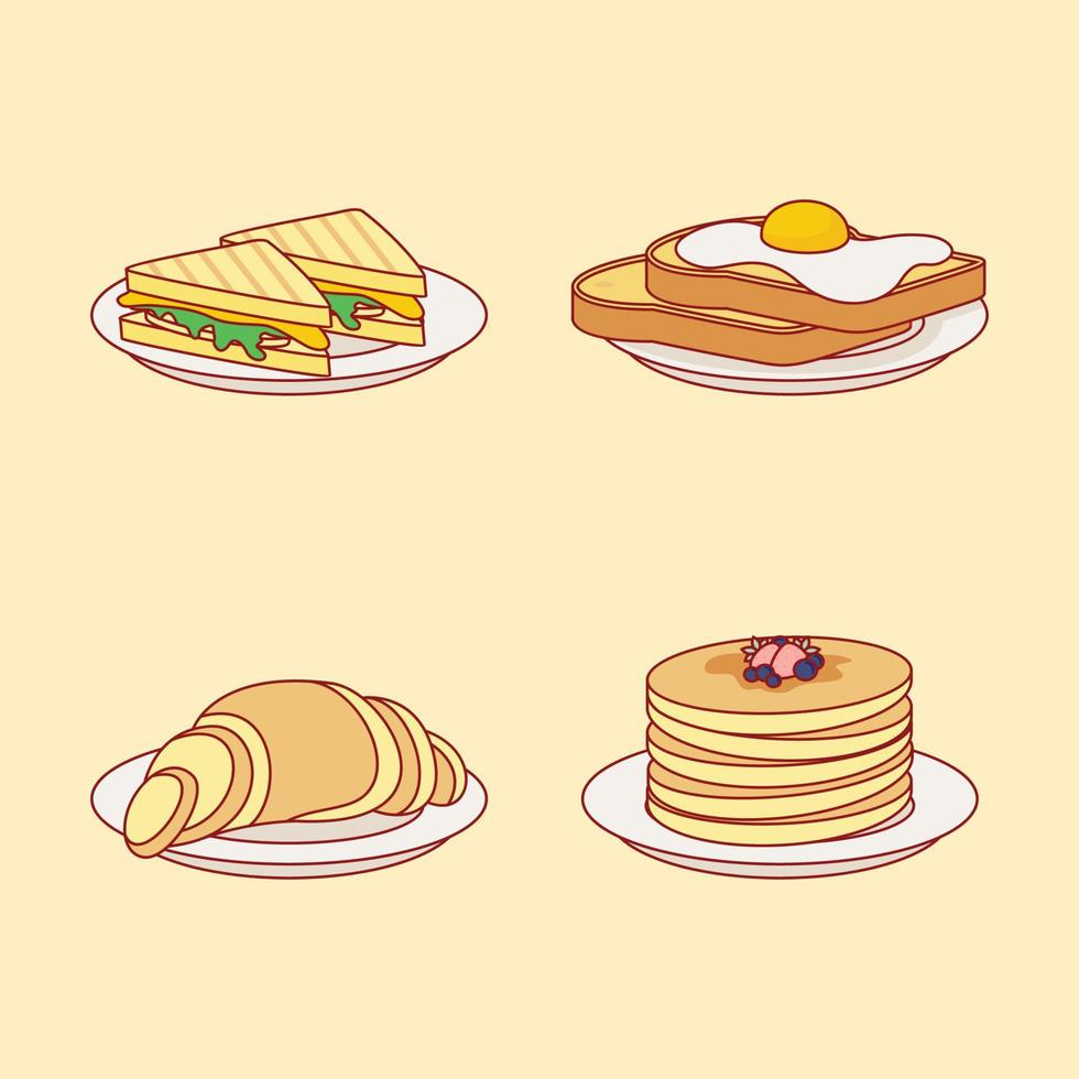 Set breakfast food menu in flat cartoon style vector