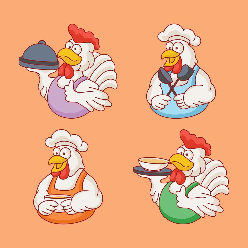 Chicken chef logo for food in flat cartoon style vector