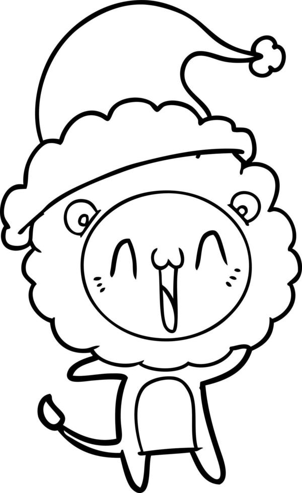 happy line drawing of a lion wearing santa hat vector