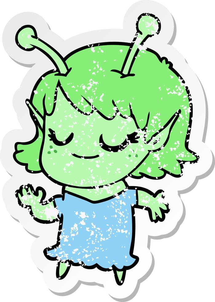 distressed sticker of a smiling alien girl cartoon vector