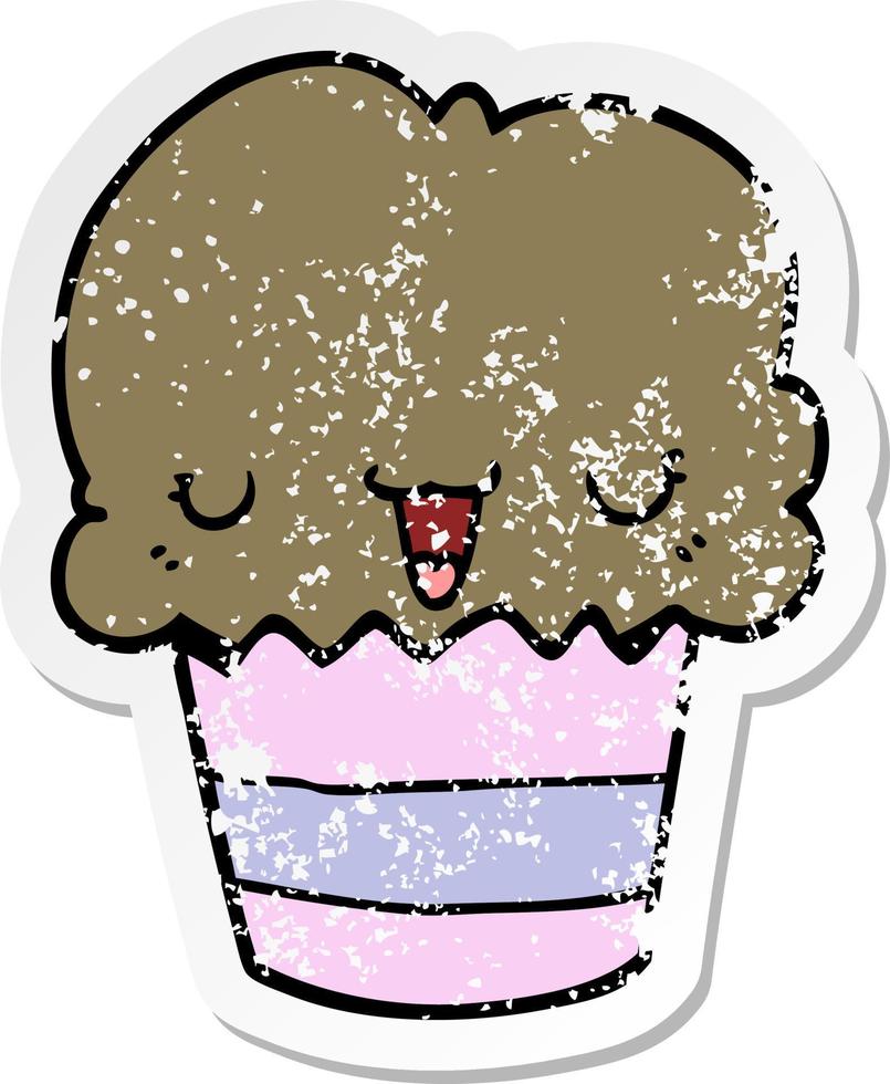 distressed sticker of a cartoon cupcake with face vector