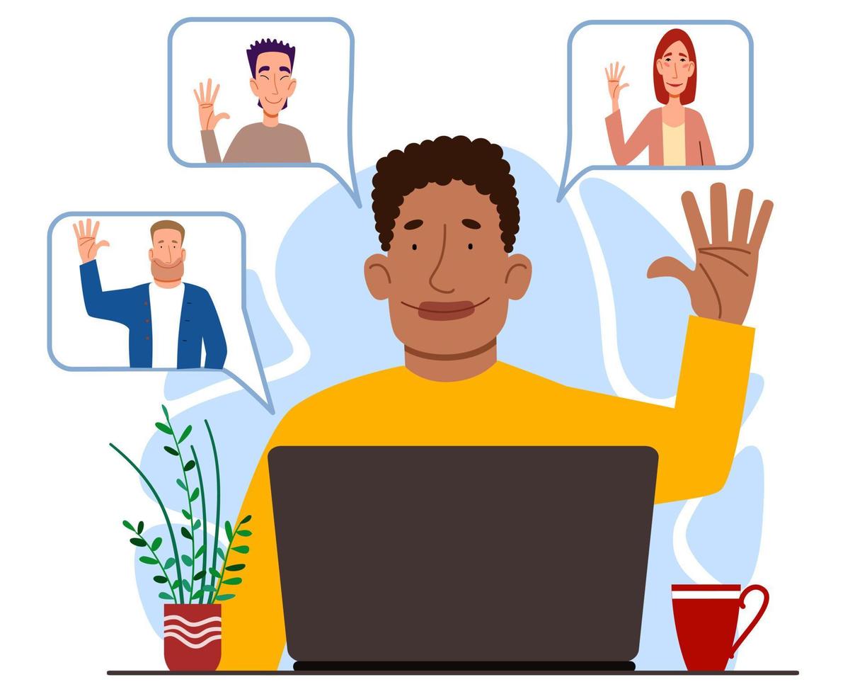 Illustration of a virtual meeting with different people who say hello. The concept of an online meeting with young men and women. vector