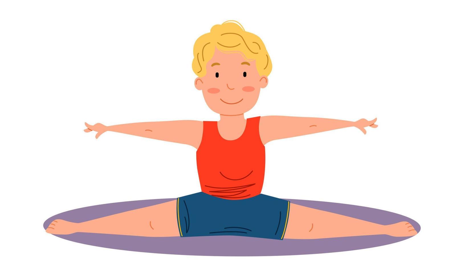 Childrenes sports gymnastics. Stretching exercise, cross splits. The boy is engaged in acrobatics. vector