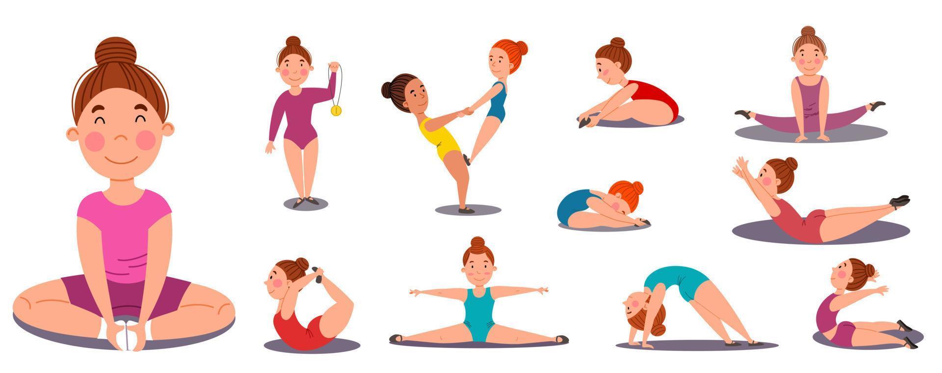 A set of vector illustrations of girls engaged in gymnastics. Children play sports on special equipment. Stretching and strength exercises. Vector illustration in a flat style on a white background.