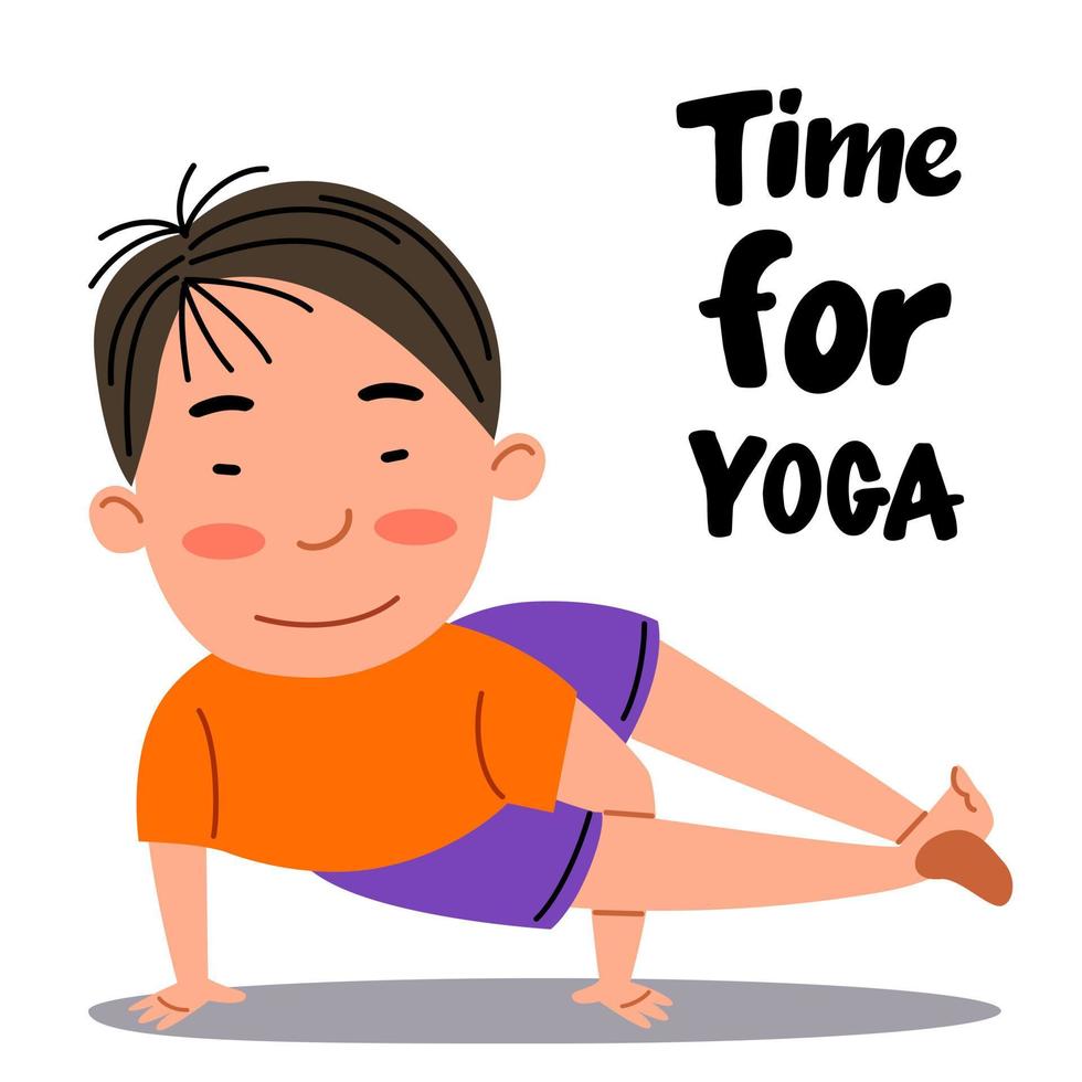 An Asian boy is standing on two hands, holding a balance. vector