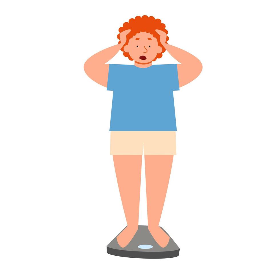 A person on a scale is holding on to his head. vector