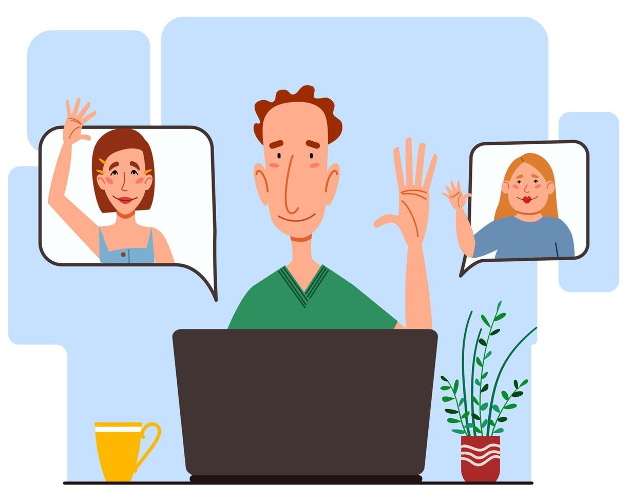Illustration of a virtual meeting with different people who say hello. The concept of an online meeting with young men and women. vector