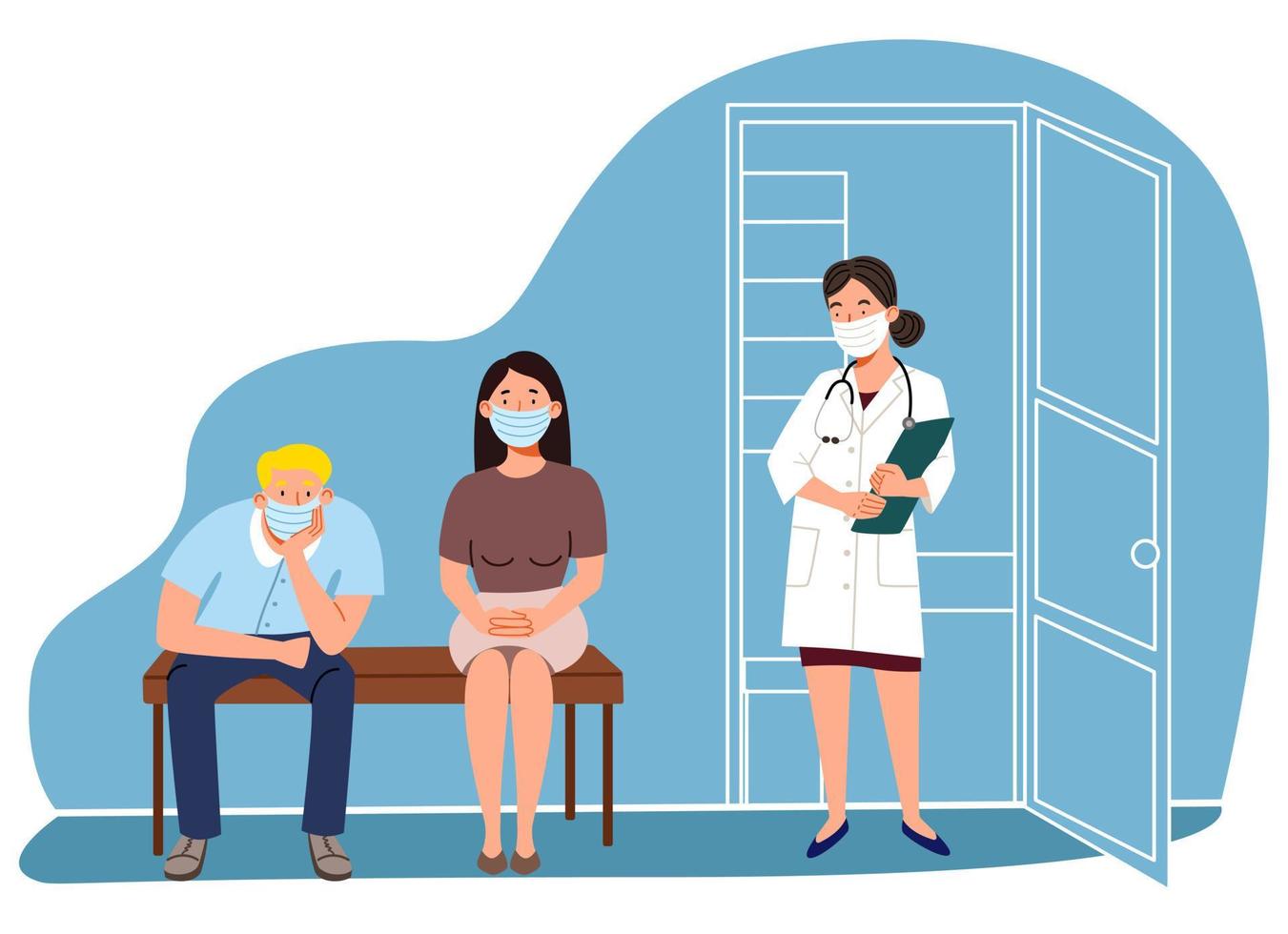 The doctor calls the patient to the office. masked people of different ages waiting in line. vector