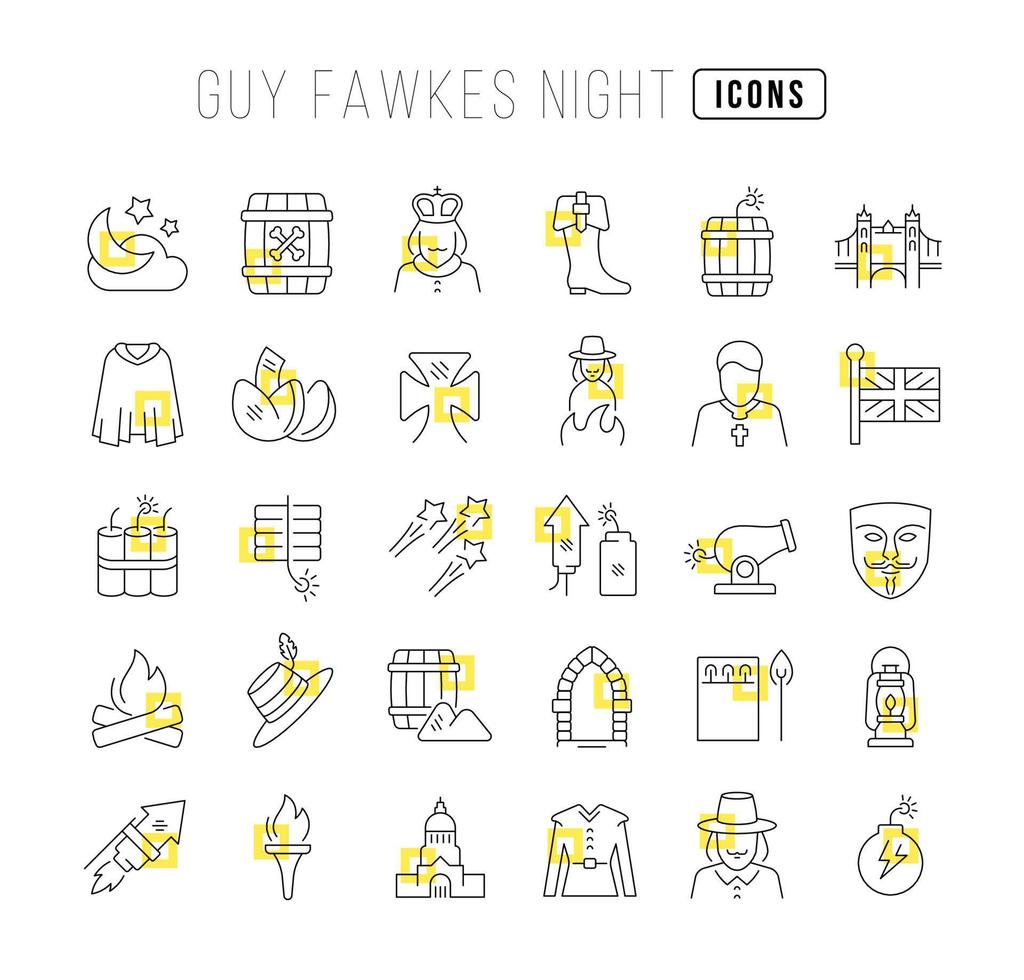 Set of linear icons of Guy Fawkes Night vector