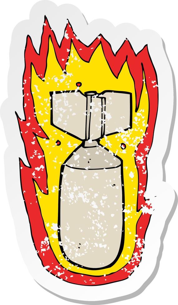 pegatina retro angustiada de una bomba en llamas de dibujos animados vector