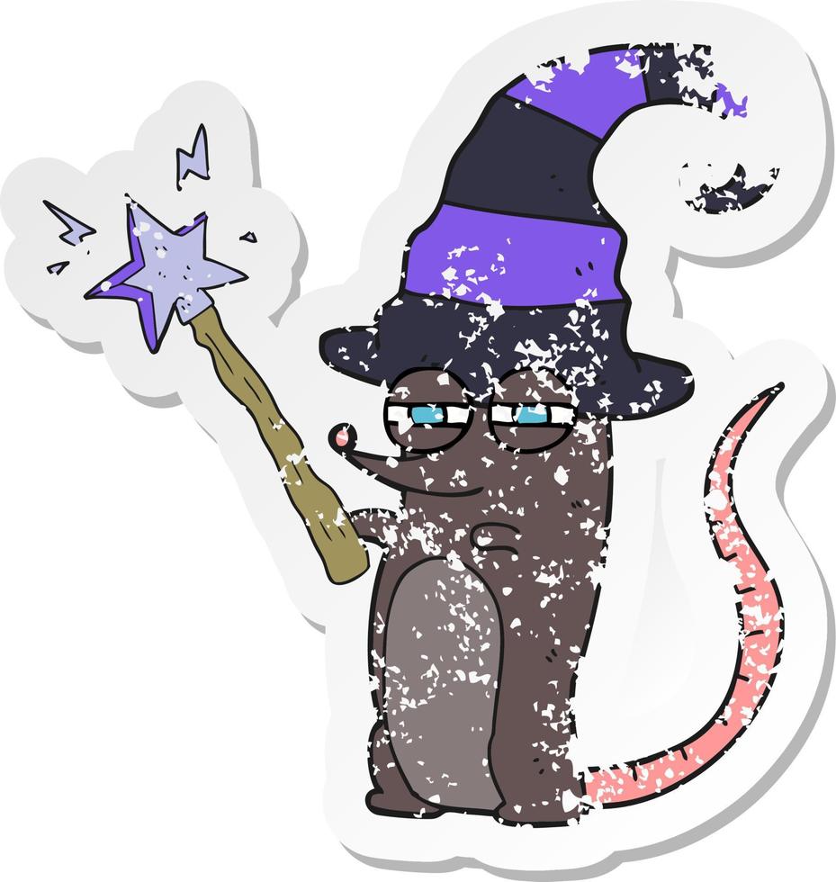 retro distressed sticker of a cartoon magic witch mouse vector