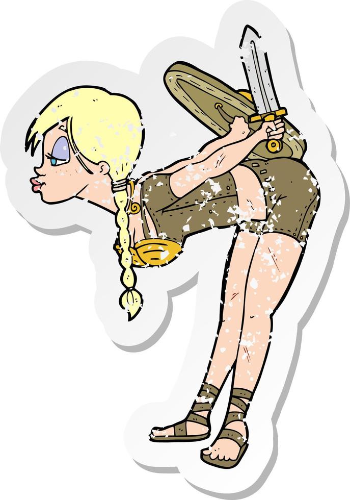 retro distressed sticker of a cartoon viking girl bowing vector
