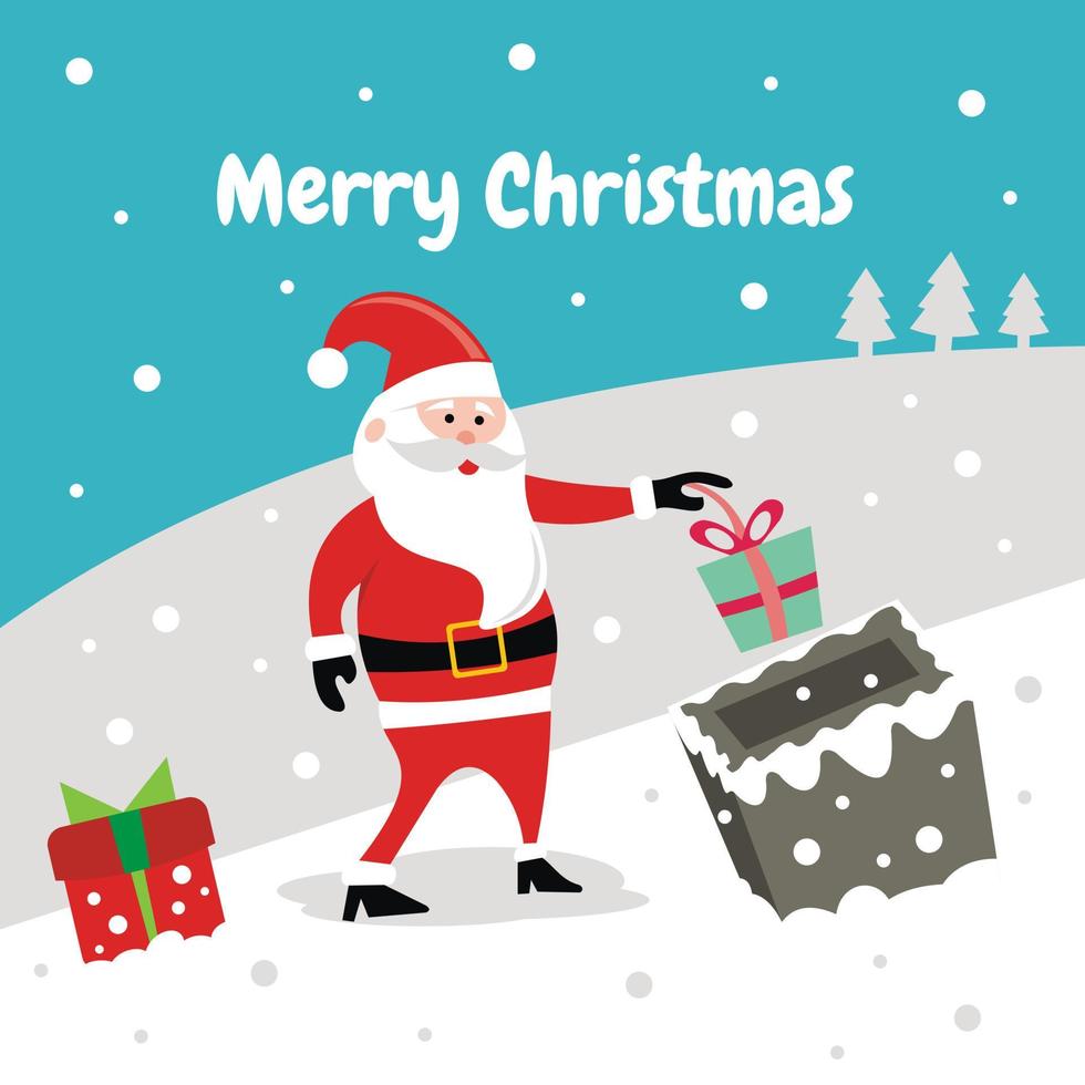 illustration vector graphic of Santa Claus is putting Christmas gifts down the chimney, perfect for christmas, religion, holiday, greeting card, etc.