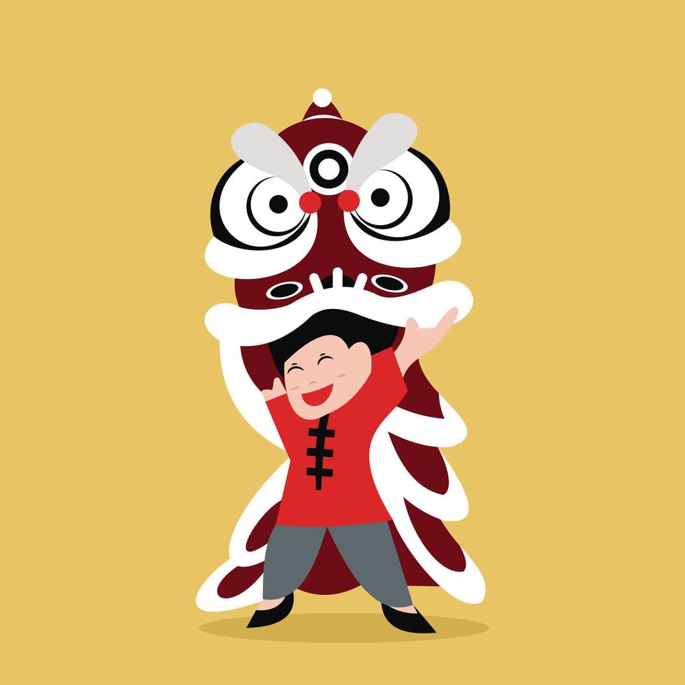 illustration vector graphic of a child wearing a lion dance costume, perfect for chinese day, religion, holiday, culture, greeting card, etc.