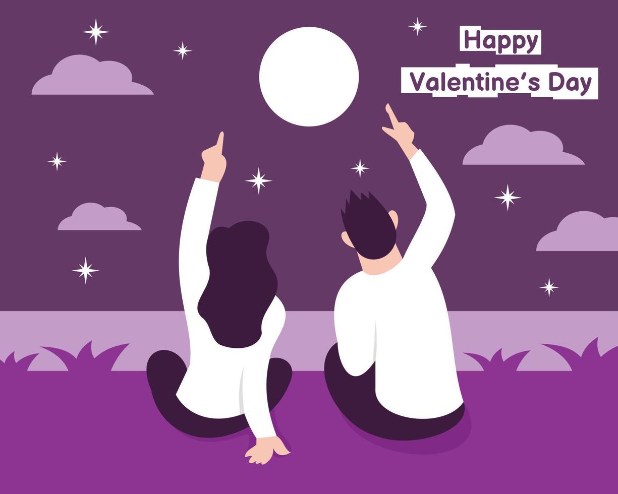 illustration vector graphic of a couple is looking at the full moon in the sky, showing the light of the stars and the night clouds, perfect for religion, holiday, culture, valentine, greeting card.
