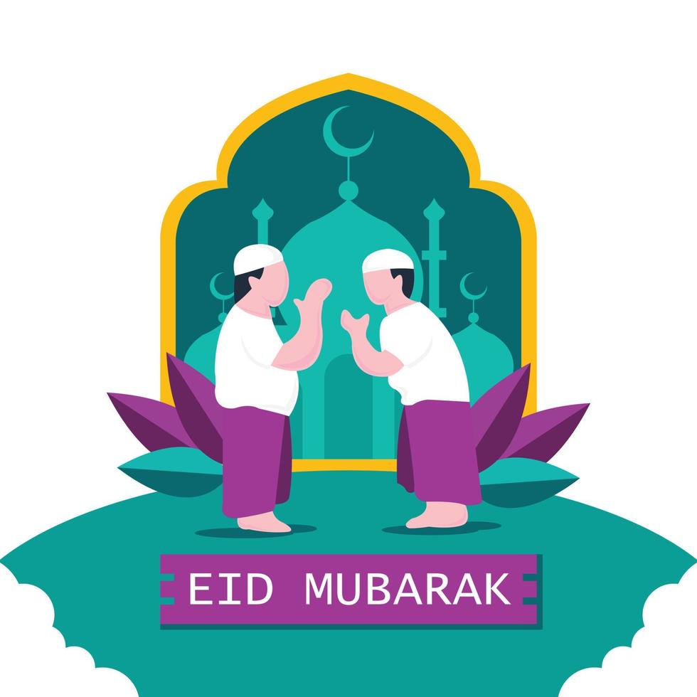 illustration vector graphic of Two people shaking hands on Eid Al-Fitr, perfect for religion, holiday, culture, greeting card, etc.