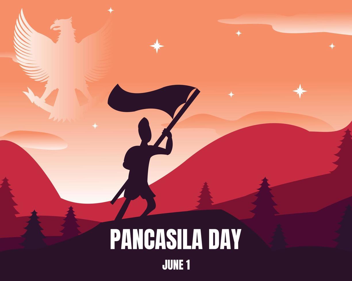illustration vector graphic of freedom fighters are waving flags in the mountains, showing garuda pancasila shadow, perfect for pancasila day, celebrate, holiday, greeting card, etc.