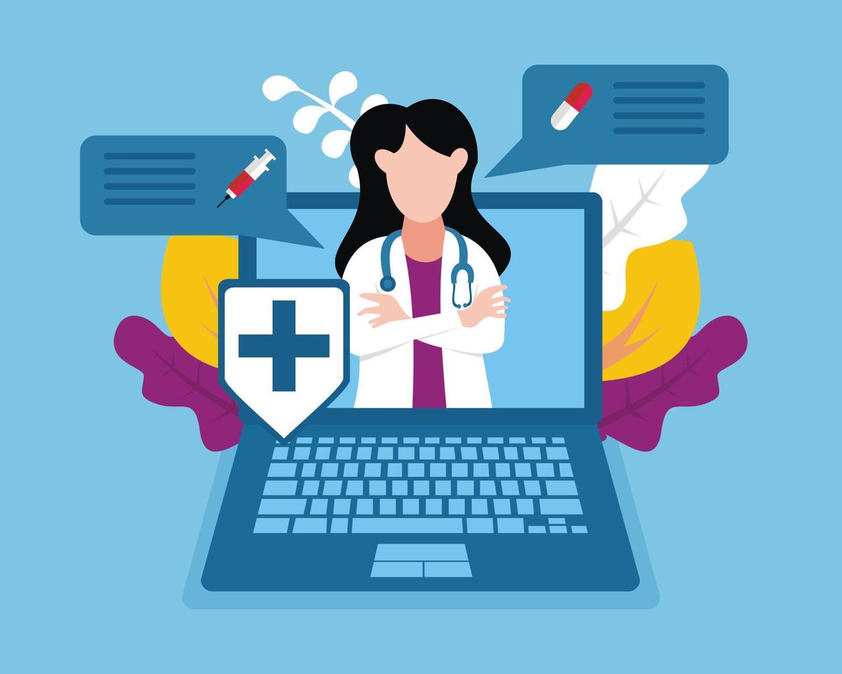 illustration vector graphic of a doctor on a laptop screen is discussing medicine capsules and injections, perfect for medical, healthy, pharmacy, hospital, etc.