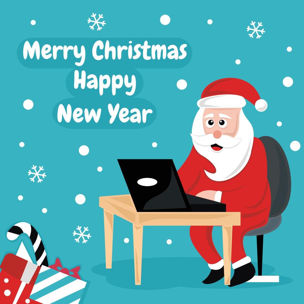 illustration vector graphic of santa claus is using a laptop at the table, perfect for christmas, church, religion, holiday, greeting card, etc.