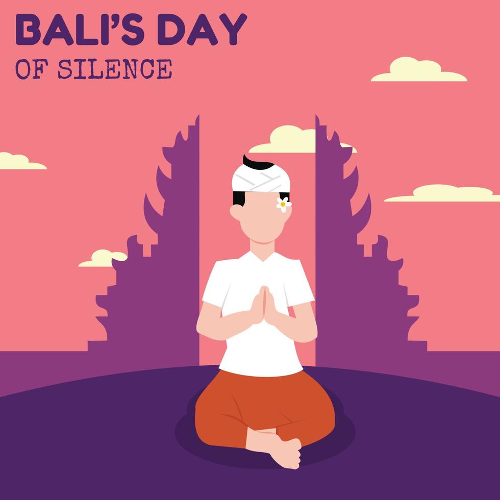 illustration vector graphic of a man is praying and meditating in front of the handara gate, perfect for religion, holiday, culture, silence day, greeting card, etc.