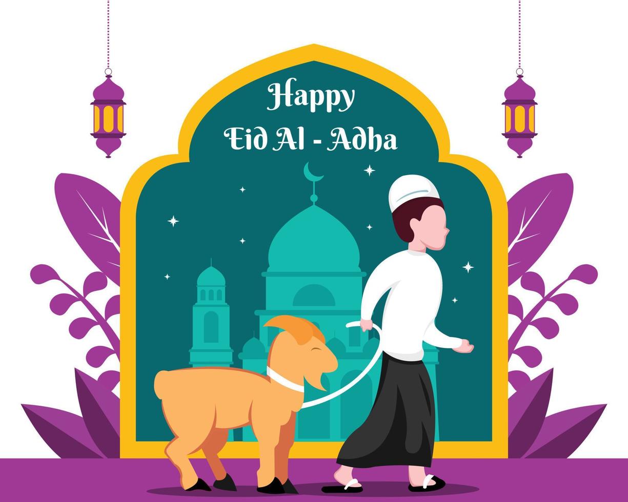 illustration vector graphic of a man pulls a goat in front of the mosque, perfect for religion, holiday, culture, tradition, greeting card, etc.