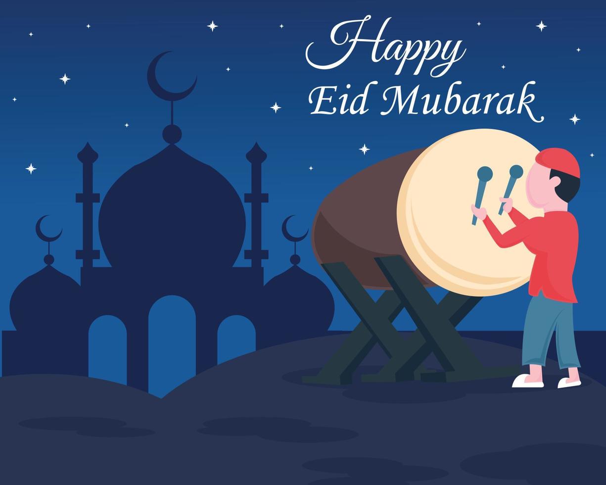 ilustración gráfica vectorial de un hombre está golpeando el tambor en la noche de eid al-fitr, perfecto para religión, vacaciones, cultura, tradición, tarjeta de felicitación, etc. vector