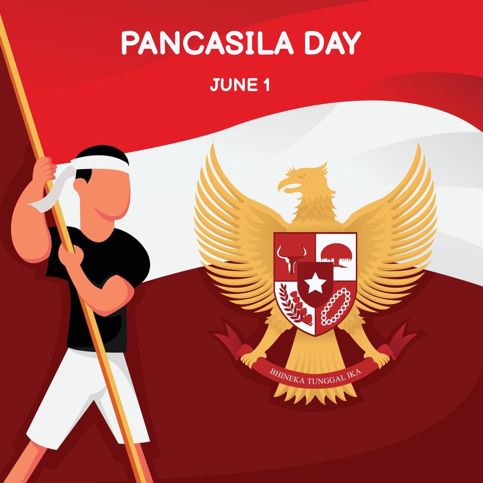 illustration vector graphic of a hero is raising the Indonesian flag, displaying the Garuda Pancasila symbol, perfect for pancasila day, nation, celebrate, greeting card, etc.