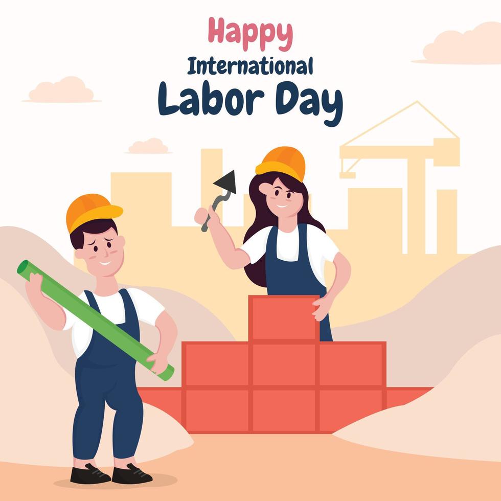 illustration vector graphic of a couple of workers working on a building construction, perfect for labor day, celebration, greeting card, etc.