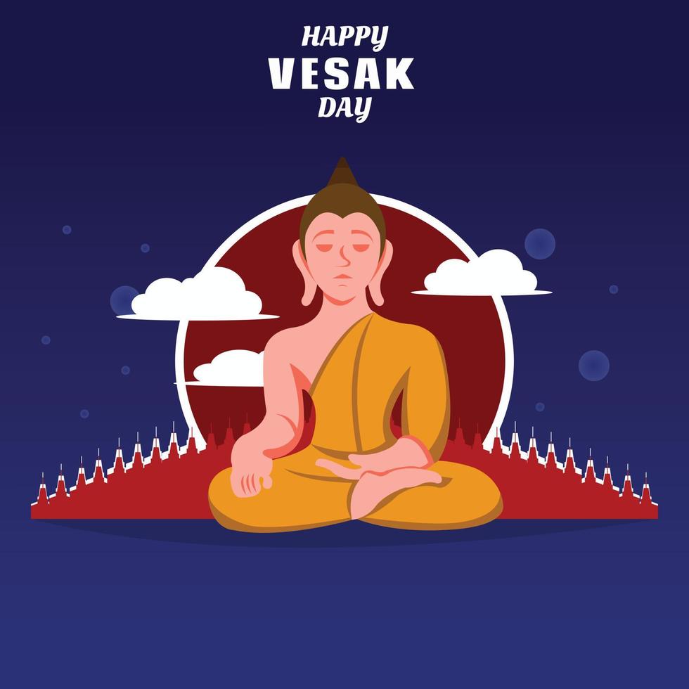 illustration vector graphic of Buddha is sitting in front of the temple, showing the red sun and white clouds, perfect for religion, holiday, culture, vesak day, greeting card, etc.