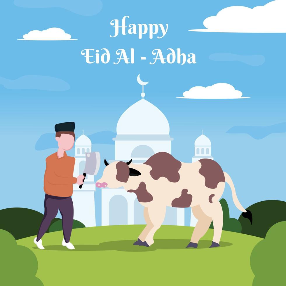 illustration vector graphic of a muslim holding a knife in front of a cow, perfect for religion, holiday, culture, tradition, greeting card, etc.