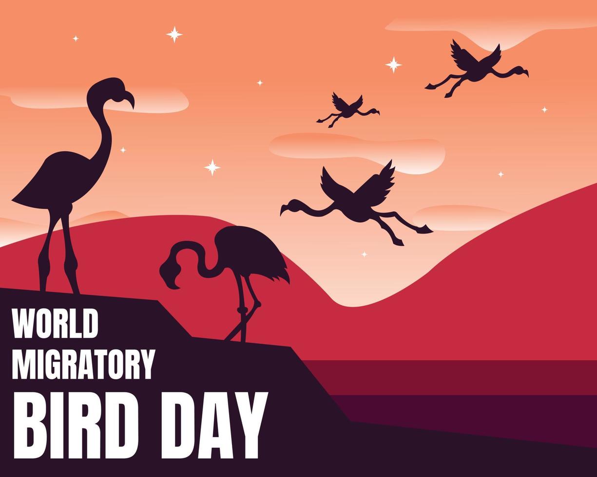 illustration vector graphic of flamingo birds are on the beach at dusk, perfect for world migratory bird day, celebrate, greeting card, etc.
