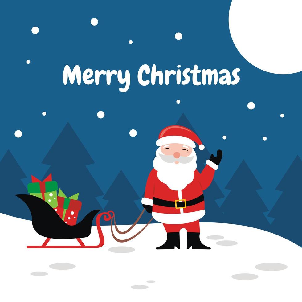 illustration vector graphic of Santa Claus is carrying a train filled with Christmas gifts at night, showing snowfall and full moon, perfect for christmas, religion, church, greeting card, etc.