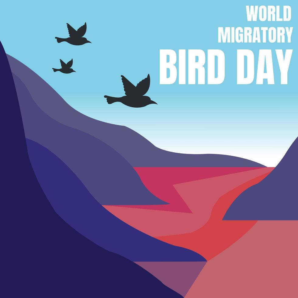 illustration vector graphic of birds forming formation flying over the cliff, showing river, perfect for world migratory bird day, celebrate, greeting card, etc.