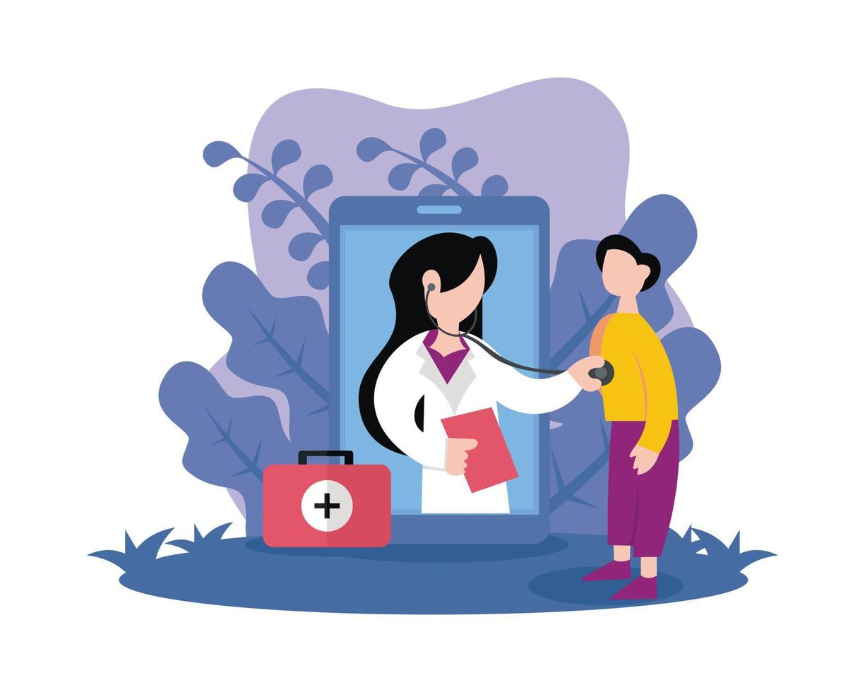 ilustración gráfica vectorial de un médico está revisando a un paciente en línea a través de un teléfono inteligente, perfecto para farmacia, salud, hospital, etc. vector
