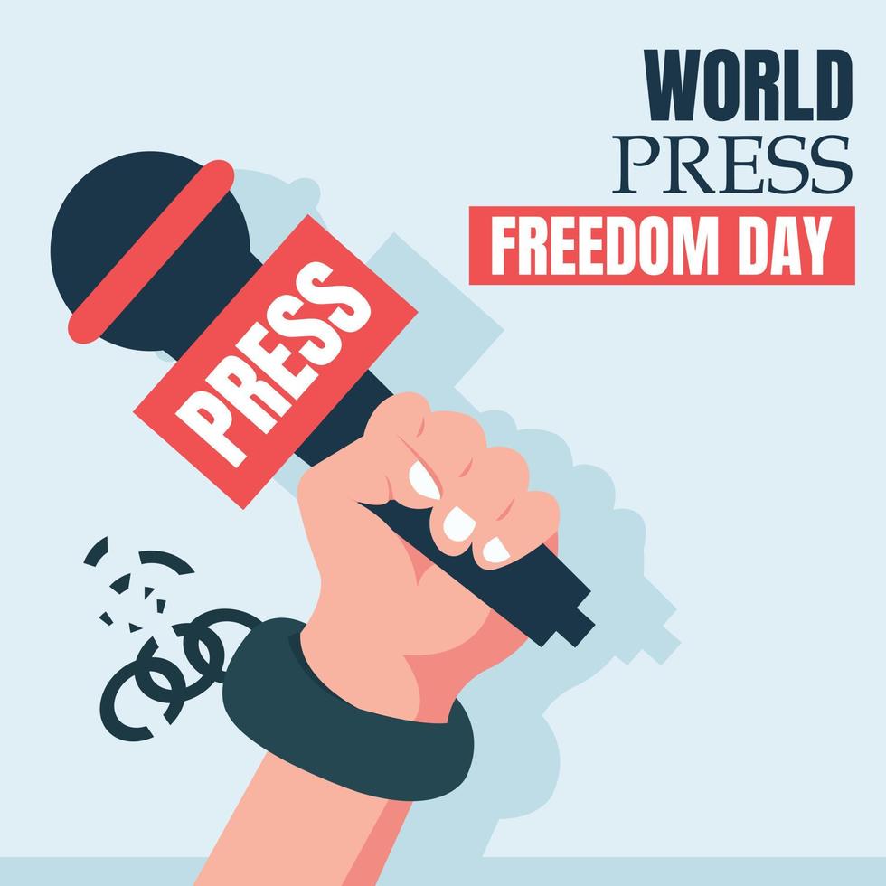 illustration vector graphic of handcuffed holding up a microphone, perfect for world press freedom day, celebrate, greeting card, etc.