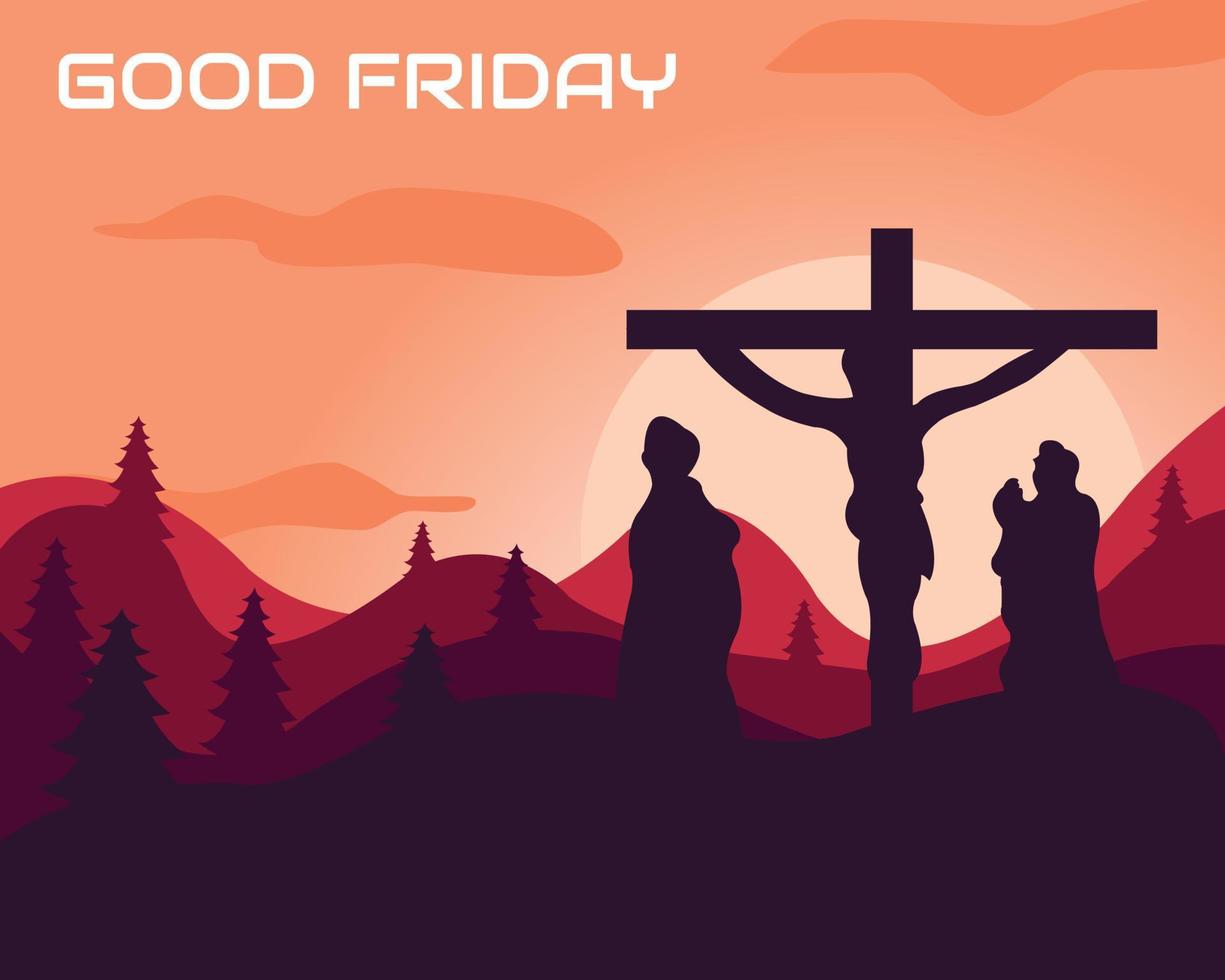 illustration vector graphic of two people mourning jesus on the cross at sunset, perfect for religion, holiday, culture, greeting card, etc.
