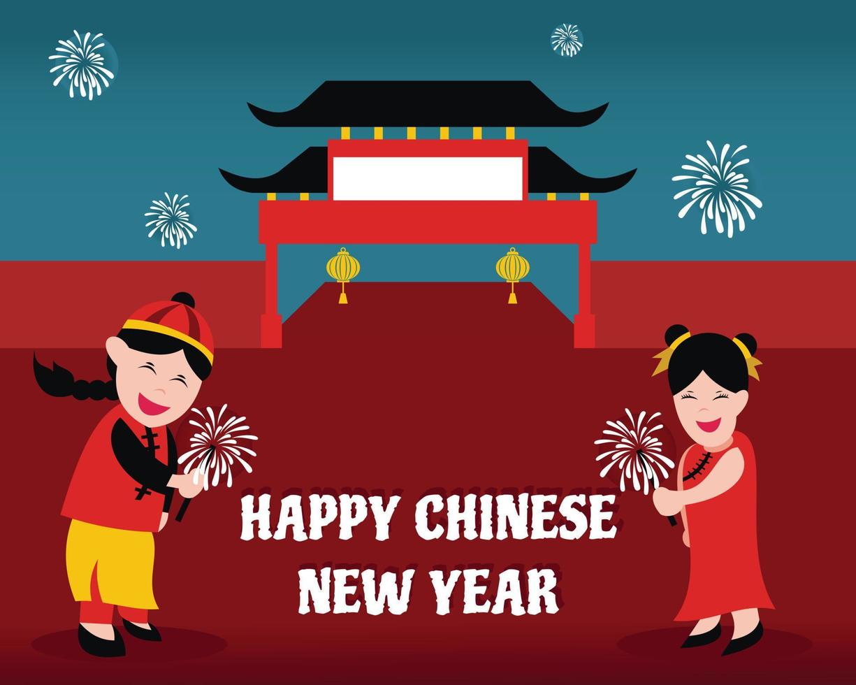 ilustración gráfica vectorial de dos niños están lanzando fuegos artificiales frente a la puerta de china, perfecto para el día chino, religión, festividad, cultura, tarjeta de felicitación, etc. vector