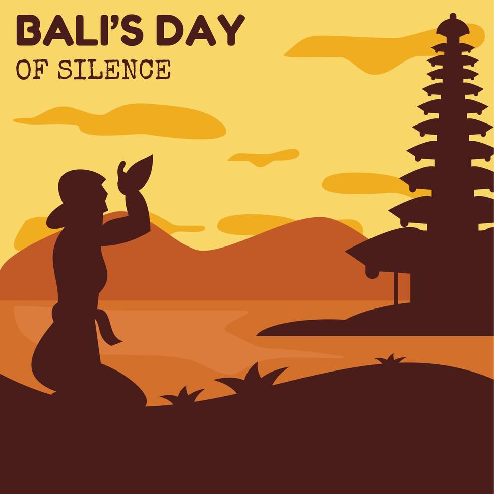 illustration vector graphic of a woman silhouette prays across the temple in bali, perfect for religion, holiday, culture, silence day, greeting card, etc.