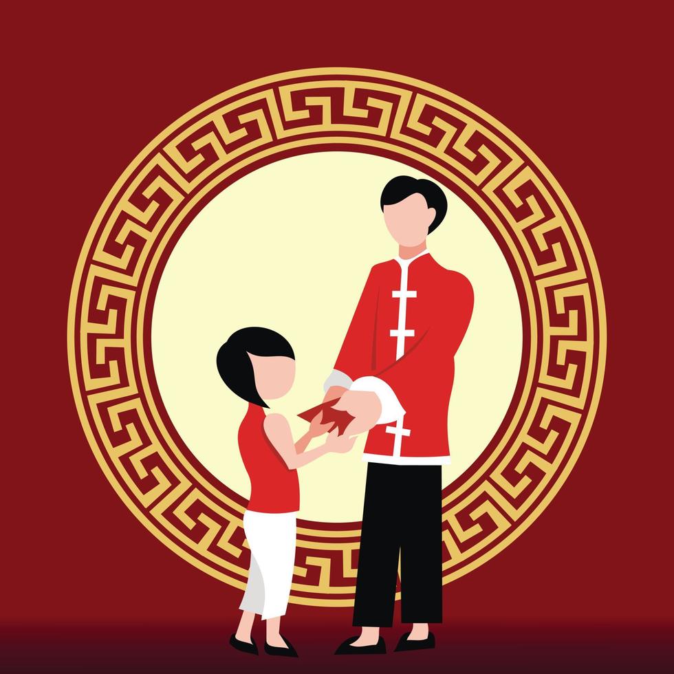 illustration vector graphic of a father gives red packets to his daughter, perfect for chinese day, religion, holiday, culture, greeting card, etc.